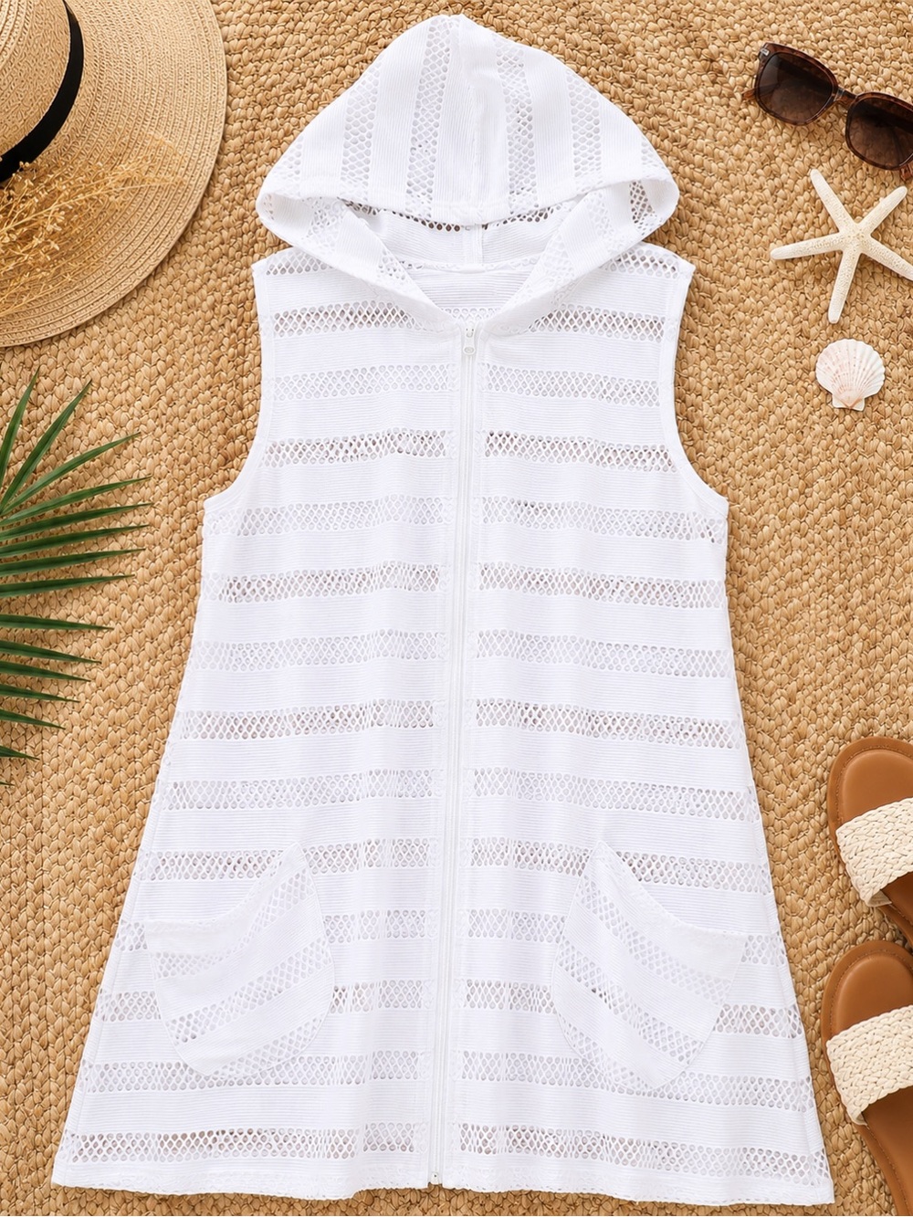 Alexa & Stella White Hooded‎ Zip Front Swim Cover Up Size Large
